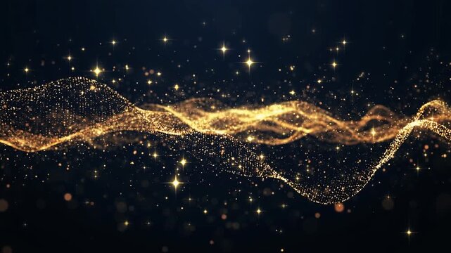 Golden glittering particles wave seamless loop　黒背景に黄金に輝くパーティクル波のシームレスループ動画