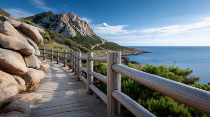Obraz premium Scenic trail leading to Sardinia coastal view in summer, Mediterranean hiking path, Italian island walkway, seaside access route, with copy space