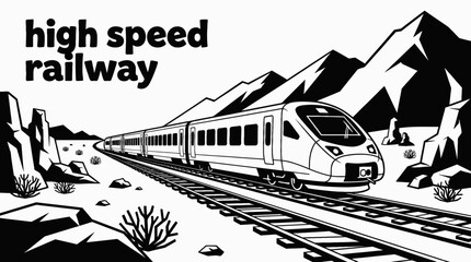 train railway track landscape black and white with high speed passenger locomotive transport infrastructure along modern rail corridor horizon showing travel journey transit motion environment © samira