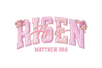Fototapeta premium He is risen typography with pink glitter letters and flowers christian easter religious quote isolated on transparent background
