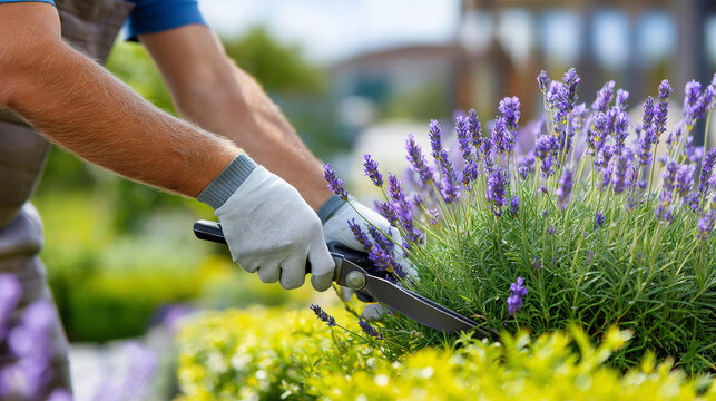 Faceless gardeners trimming lavender in sun, horticultural maintenance activity, plant pruning service, outdoor garden care work, with copy space