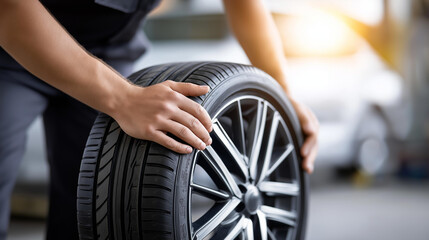 Obraz premium Faceless individual holding car wheel in garage during day, automotive part handling, tire service activity, vehicle maintenance moment, with copy space