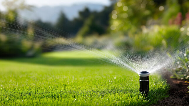 Sprinklers watering green lawn in backyard during sunny day, irrigation system operation, automated lawn care, residential landscape maintenance, with copy space