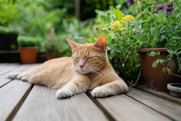 Ginger cat rests on wooden deck in garden surrounded by green plants and colorful flowers during sunny day