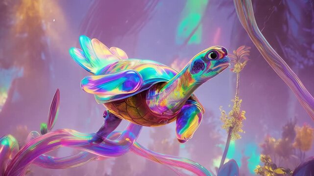 A surreal, iridescent turtle floats through a dreamscape of glowing vines