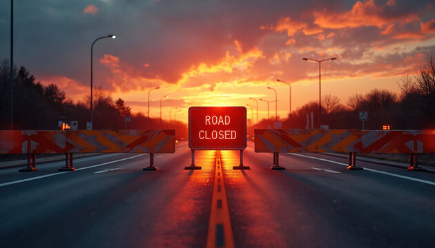 Empty highway blocked by road closed barrier and sign at sunset. Orange sky reflects on wet asphalt. Construction work causes traffic delay. Evening scene.