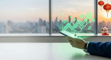 Smartphone with Holographic Green Stock Market Graph and Chinese New Year Decor