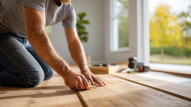 Faceless individual installing flooring in home renovation project, interior construction activity, floor installation service, residential improvement work, with copy space
