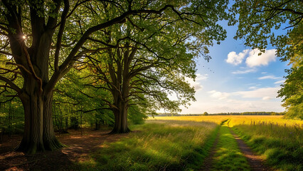 Obraz premium Ancient oak trees standing in green meadow with sun rays filtering through leaves next to dirt path leading into bright yellow field under blue sky