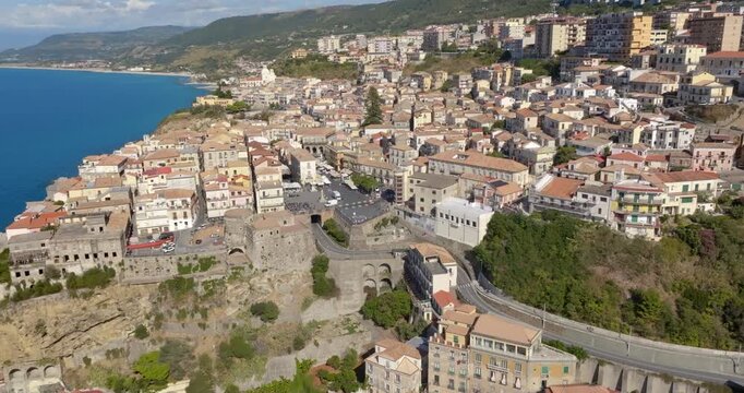 Aerial view of the city of Pizzo Calabro, located on the Coast of the Gods, in the province of Vibo Valentia, Calabria, Southern Italy. The town's historic center overlooks the Mediterranean Sea.