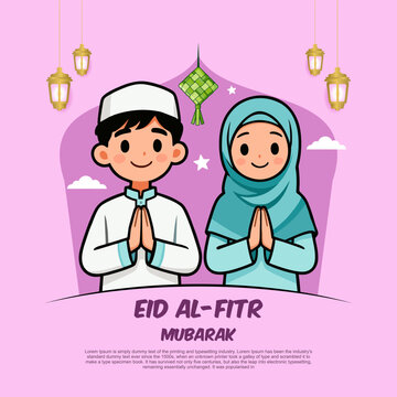 Eid al-Fitr Mubarak Greeting Card with Muslim Boy and Girl Cartoon