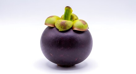 Obraz premium Ripe Mangosteen Fruit with Green Calyx on White Background