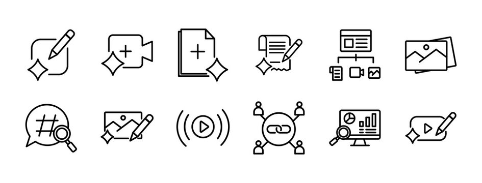Social Media Content Creator Line Icon Set, contains create post, content planning, script writing, video editing, photo editing, thumbnail design, caption writing