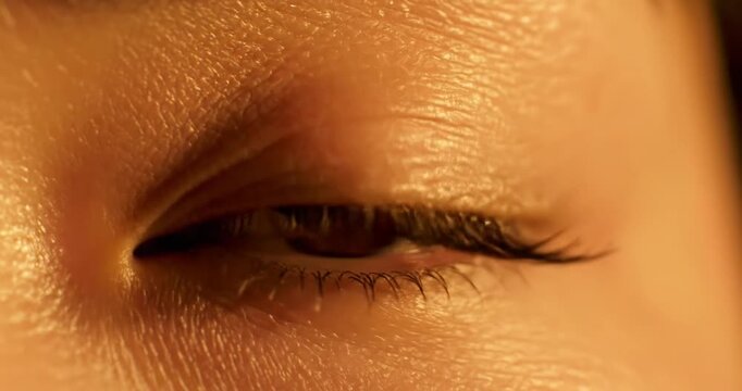 Close-up of a woman's eye showcasing detailed eyelashes and skin texture in warm lighting