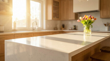 Empty white quartz kitchen island with morning sunlight.