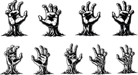 Scary Zombie Hands Reaching From Ground Silhouette Vector Collection for Halloween Horror Party Posters Spooky Graveyard Undead Apocalypse Graphic Design and Creepy Gothic Illustration Elements