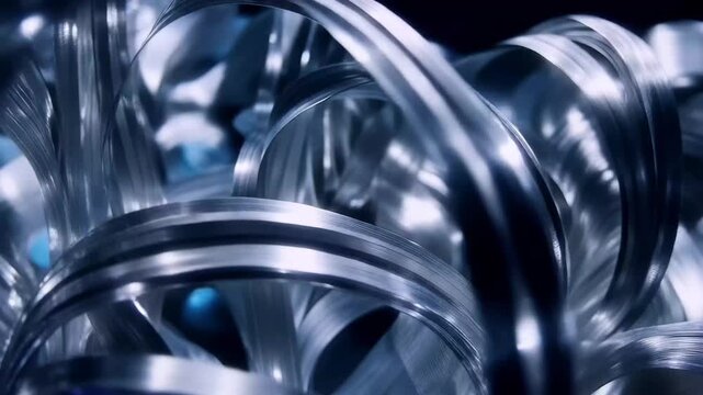Close-up of intertwined metallic rings with sleek, reflective surfaces, showcasing the smooth texture and intricate design, emphasizing the beauty of modern industrial forms, 