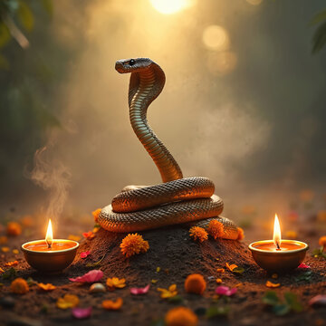 Cobra snake rises near anthill with flowers and lit oil lamps at sunrise. Misty morning with golden sun flares illuminates sacred ritual in nature.