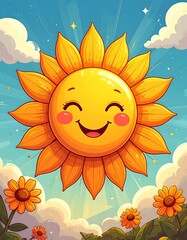 Smiling sunflower character with radiant petals against a bright, sunny sky with fluffy clouds and smaller sunflowers
