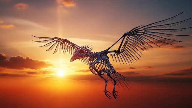 Mechanical Bird Skeleton Flying Against Sunset Sky.