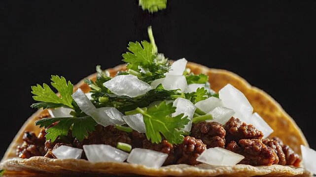 Delicious savory taco with seasoned meat cilantro diced onion fiber healthy food topping