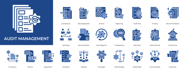 Audit Management Icon set Collection in Glyph Two Color Style. compliance, risk, assessment, control, report