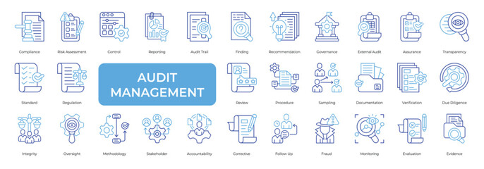 Audit Management Icon set Collection in Line Two Color Style. compliance, risk, assessment, control, report