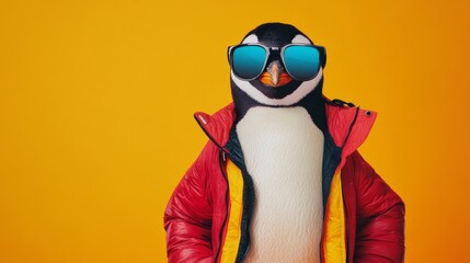 Penguin wearing sunglasses and bright jacket poses against a vibrant orange background for fun and playful art