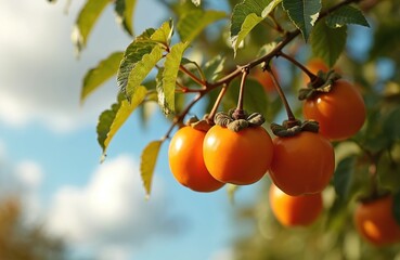 Orange persimmons ripen on tree branches with green leaves against a blue sky with white clouds. Autumn harvest scene features fresh, edible fruit ready for picking.