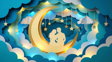 Romantic 3D Paper Cut Couple on Golden Moon with Stars and Copy Space