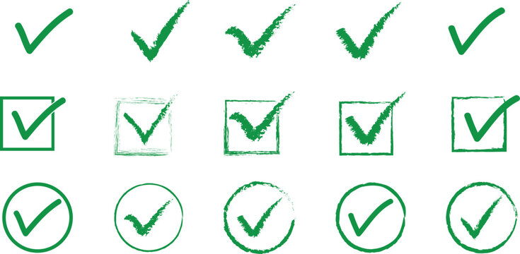 Collection of green checkmark symbols in various shapes
