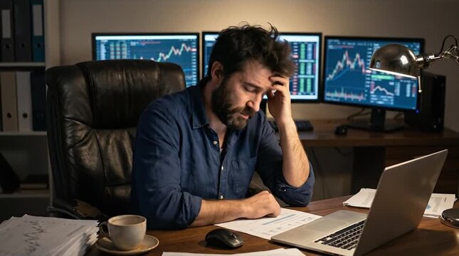 Stressed man at desk with multiple financial screens, head in hand, feeling pressure from market data and overwork.