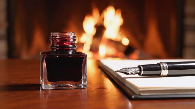 Ink bottle pen notebook cozy fireplace writing atmosphere. Looping video suitable for content creator.