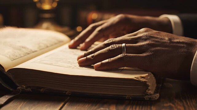 Strategic planning vision evaluation concept. Hands with a ring resting on an open old book on a wooden table in warm light