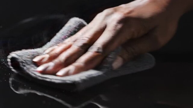 Strategic planning vision evaluation concept. Hand wiping dusty surface with microfiber cloth, showing detailed cleaning process.