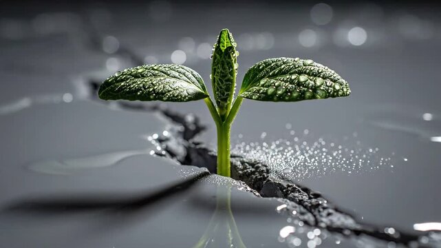 Strategic planning vision evaluation concept. Young green plant sprouting from soil with a blurred dark background.