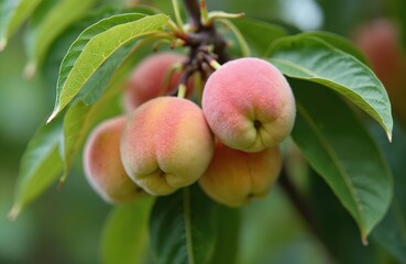 Close view of unripe peaches on a tree branch. Fuzzy green and pink fruits are developing on a limb with rich leaves. Fruit grows in a garden ready for harvest.
