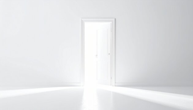 A bright white room with an open door leading to a light source, creating rays of light on the floor and walls with a clean minimalist interior design and a sense of depth.