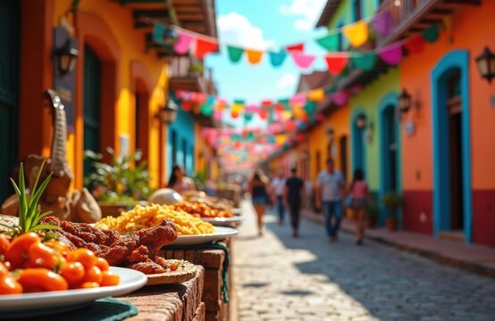 Brightly colored street fest with food. People walk street decorated with flags. Guitar sits on table with food, celebrating culture and togetherness.