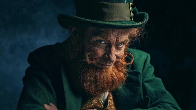 Dramatic close up of stern leprechaun with red beard and green hat in smoky pub lighting staring at camera creating tense folklore mood for Saint Patrick fantasy storytelling