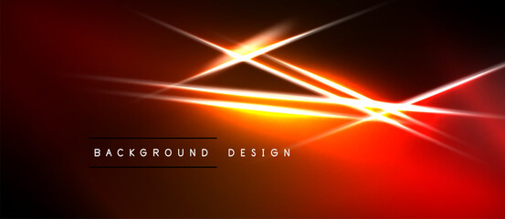 Naklejka premium Abstract background features vibrant orange lines, radiating light. Dark shades dominate, creating dynamic visual effect. Text reads background design.