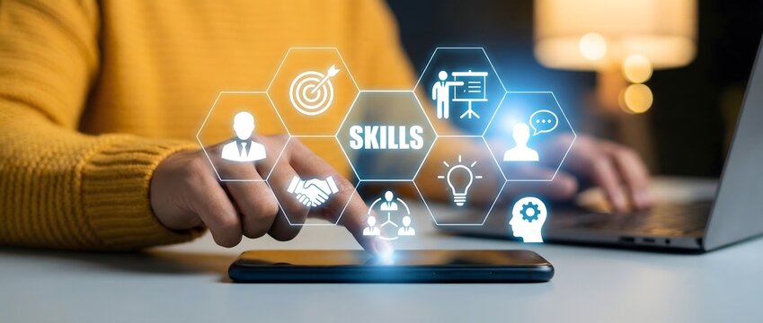 Man's hand touches a holographic "skills" honeycomb diagram surrounded by professional icons.