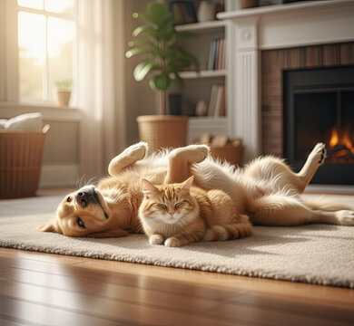 Cuddly dog and cat relaxing together on rug by fireplace