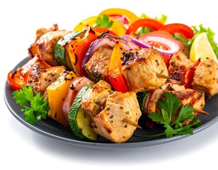 Skewered chicken and vibrant veggies on a gray plate, offset by a fresh salad garnish, all on a pristine white surface