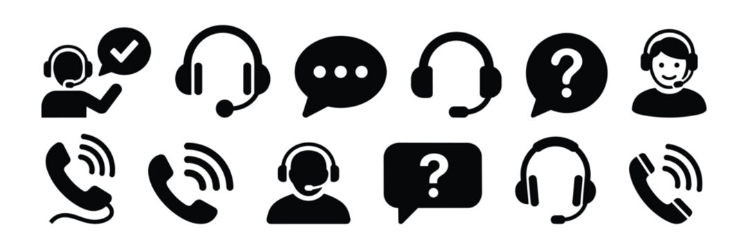 Customer support and call center vector icon set with headset operator, help desk, phone call, live chat, FAQ and technical assistance symbols for service business design