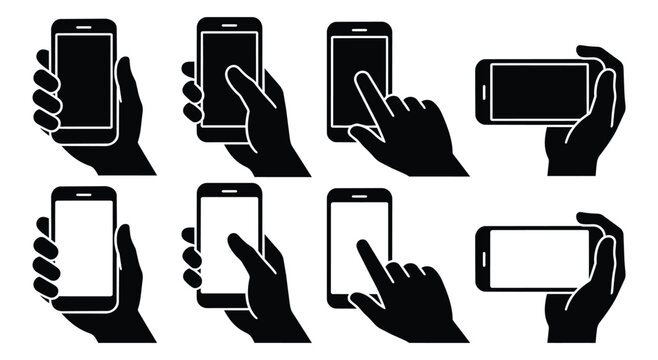 Smartphone in hand vector icon set showing tap, swipe and touch gestures in portrait and landscape orientation isolated for mobile app interface and UX design projects