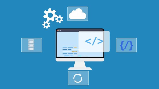 Animated computer monitor displaying programming interface surrounded by cloud computing, database, and coding workflow icons, representing software development infrastructure systems.
