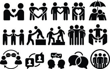 Community support and teamwork vector icon set featuring family care, partnership, group unity, helping hands, umbrella protection and social communication symbols for nonprofit design