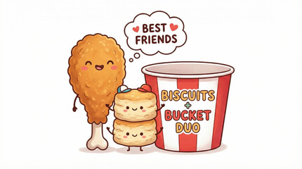 Crispy fried chicken drumstick and two happy biscuits cartoon characters smiling with striped bucket and best friends text