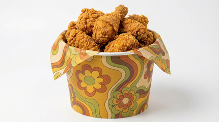 Crispy fried chicken pieces served in colorful patterned bucket with vintage floral design creating warm and inviting meal presentation
